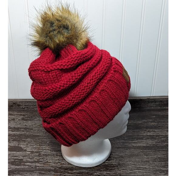 Women's Red Winter Knit Hat with Faux Fur Pom Pom - Picture 2 of 4